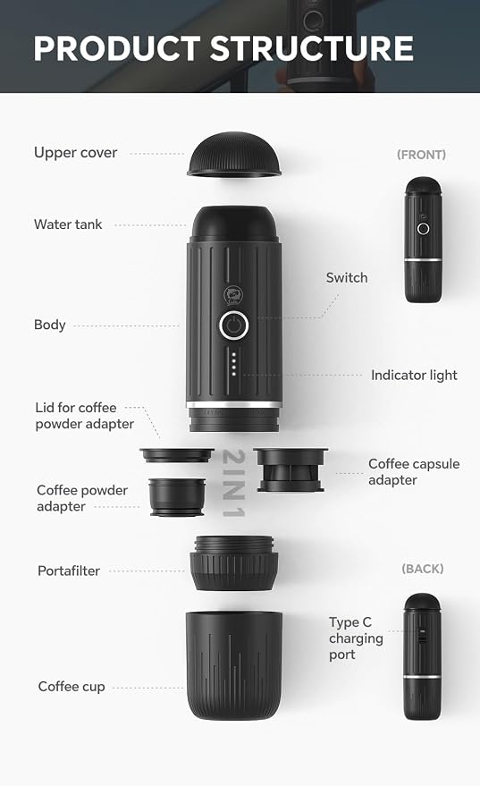 Portable Coffee Maker Travel Espresso Machine 120W Red Color, 19 Bar Pressure - Image 6