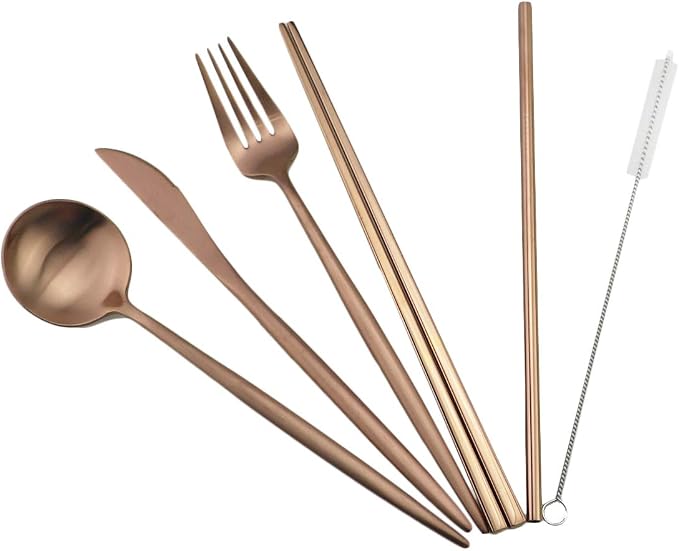 Gugrida Luxury Rose Gold Matte Portable 18/10 Stainless Steel Travel Flatware - Image 6