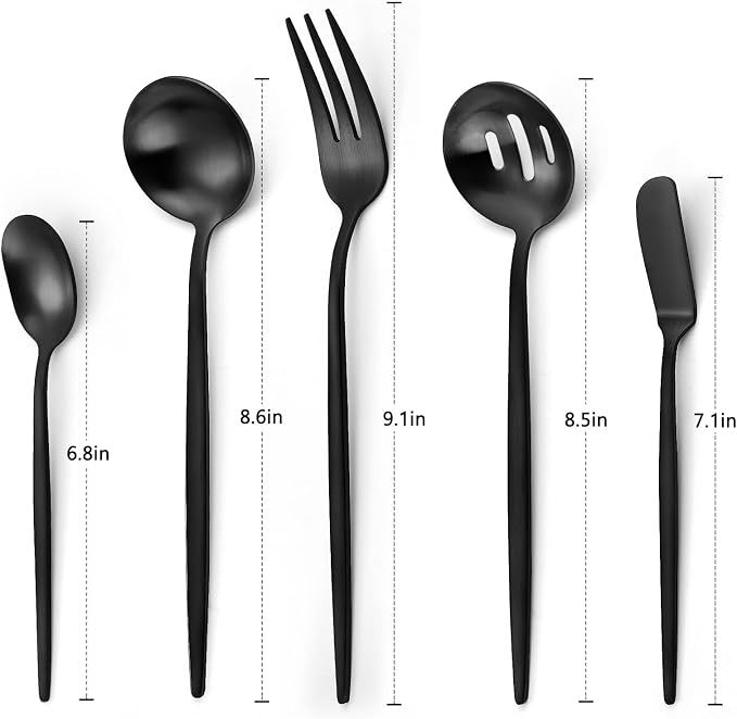 Matte Black Serving Silverware Set, 5-Piece Round Shared Utensils Set of - Image 2