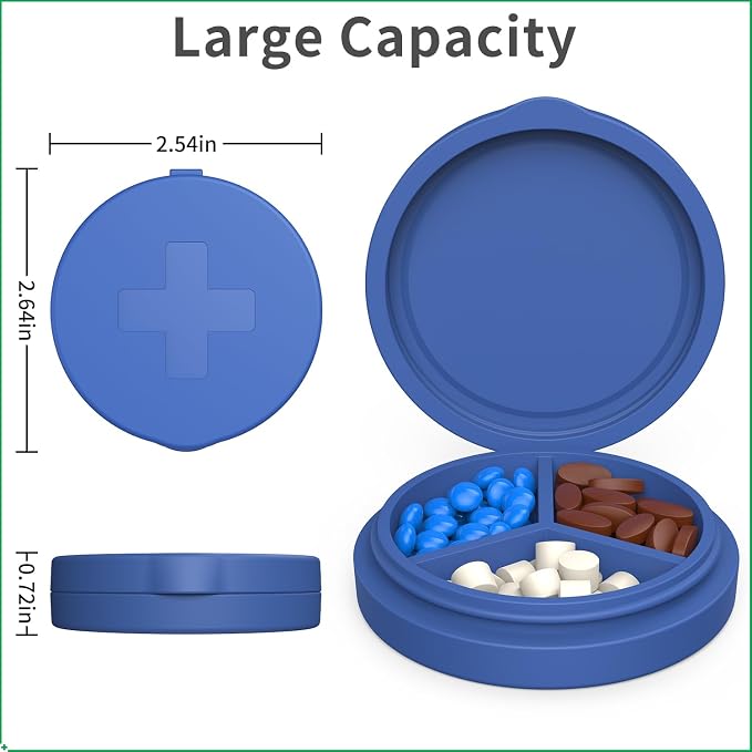 2 Pack Small Pill Box, 3 Compartment Round Silicone Travel Pill Box - Image 2