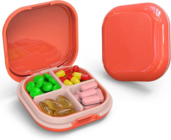 Daily Pill Organizer 4 Compartments, Small Pill Box Portable Travel Pill Case by TecQach