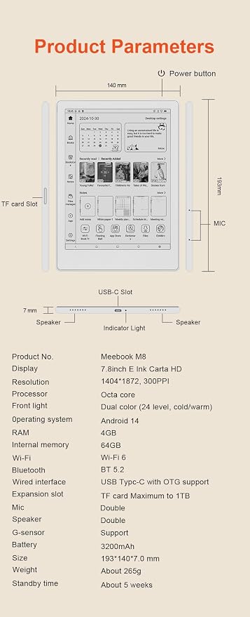 Meebook E-Reader M8 | 7.8' Eink Carta Screen | 300PPI Smart Light | Android 14 - Image 9