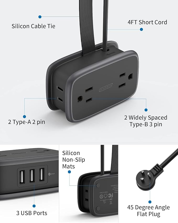 Travel Power Strip with USB Ports, NTONPOWER 4ft Flat Plug Wrapped Around Short - Image 8