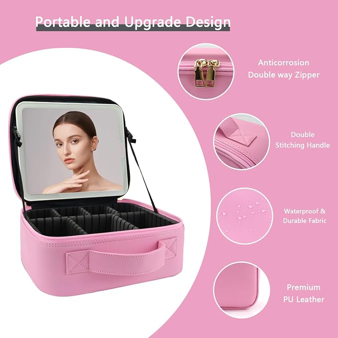 Makeup Bag with Led Mirror, Travel Makeup Organizer with 3 Color Setting - Image 4
