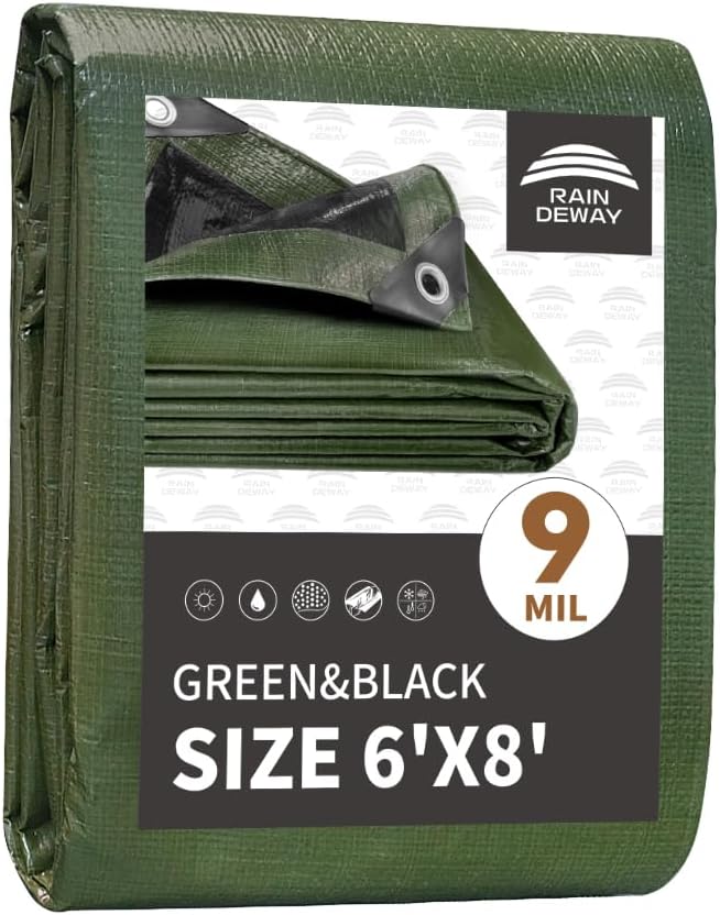 6x8 Feet Tarp Waterproof, Small Tarps, 9Mil Thick, Finished Size Tarps by RAINDEWAY