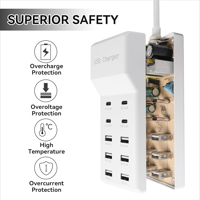 USB Charging Station, 10 Ports Family-Sized USB C Charger Block, USB Power Strip - Image 4