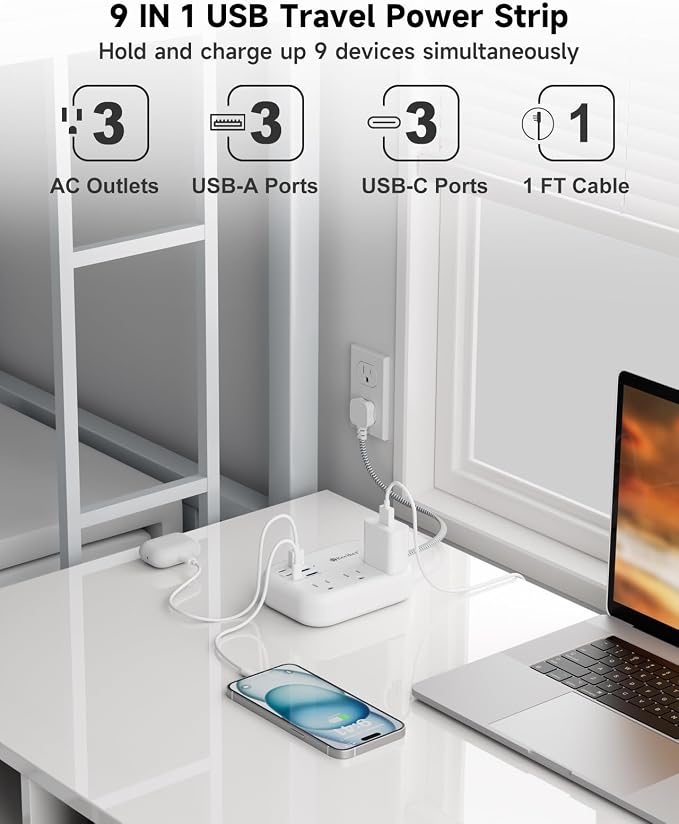 Short Extension Cord 1 Ft- 6 USB Travel Power Strip - Image 3