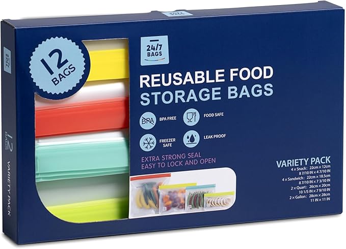12 Pack Variety Reusable Food Storage Bags, Food Grade Silicone PEVA Material - Image 7