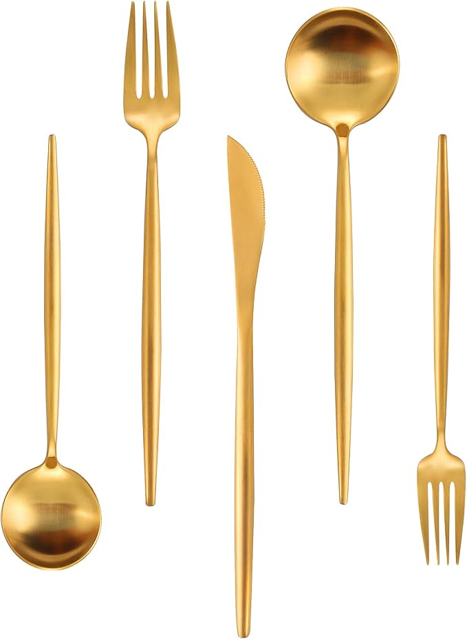 Matte Gold Silverware Set for 4, IBIILII JEFF 20 Pieces Stainless Steel by IBIILII+JEFF