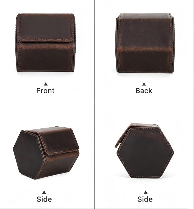Genuine Leather Watch Roll Travel Case, Vintage Full Grain Leather Hexagon - Image 3