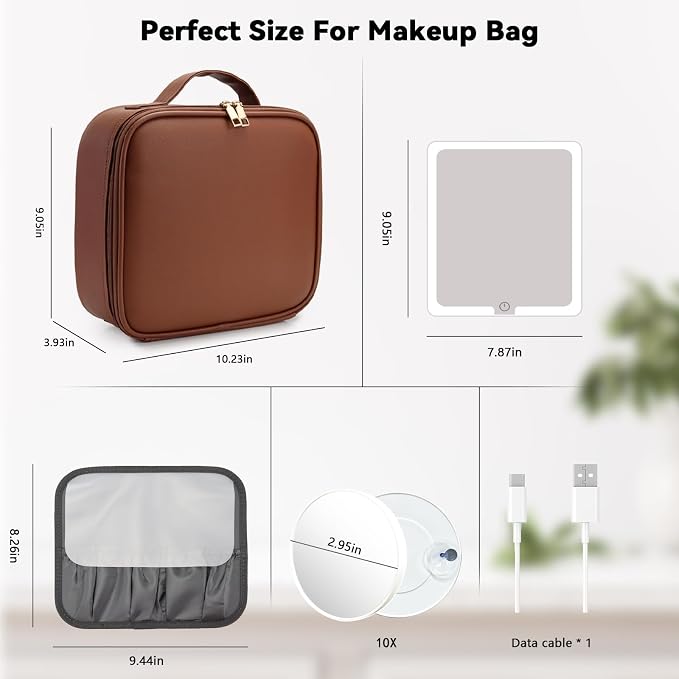 Travel Makeup Bag with LED Mirror and 10x magnifying glass with 3 Lighted - Image 8