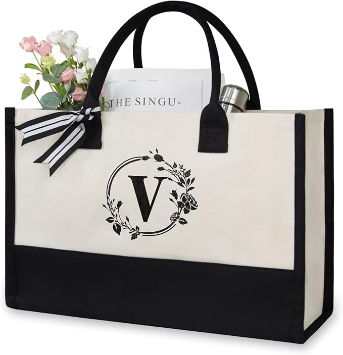 TOPDesign Personalized Initial Jute/Canvas Beach Bag, Monogrammed Gift Tote Bag by TOPDesign