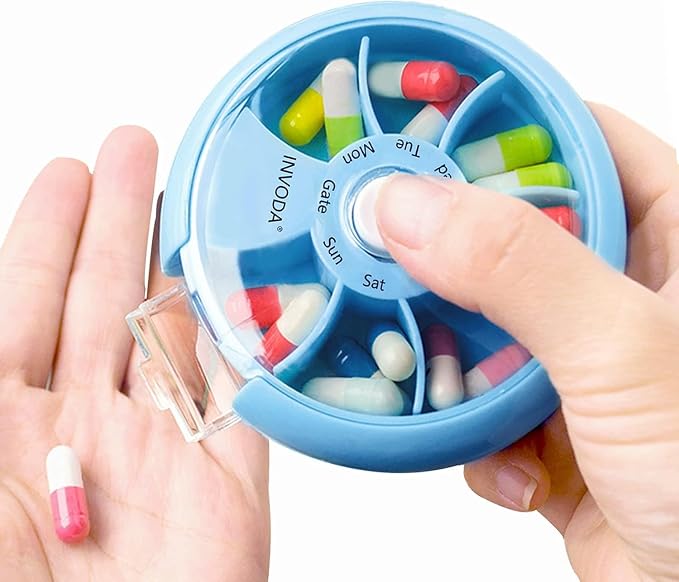 8PCS INVODA Weekly Pill Organizer 7 Compartment Rotating Pill Box - Image 4