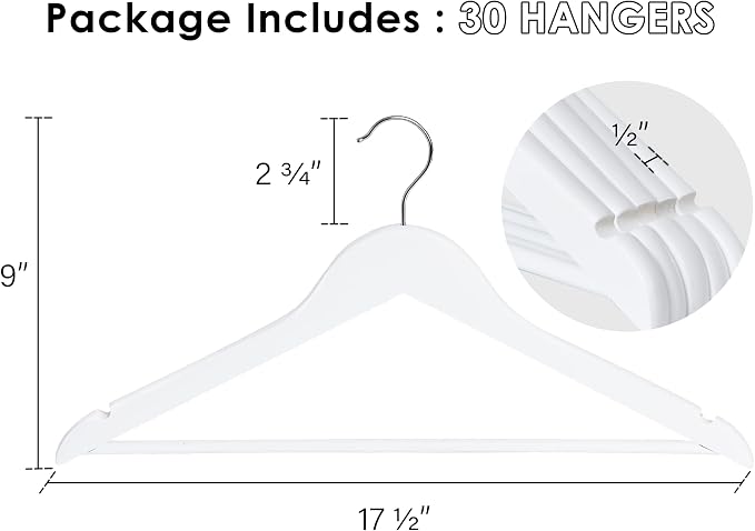 StorageWorks White Wooden Hangers, 30 Pack Wood Hanger - Image 3