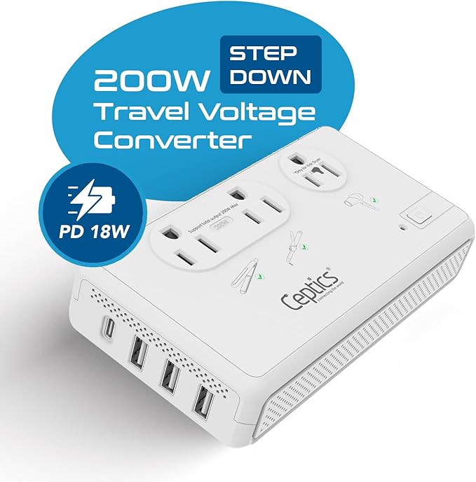 Ceptics Voltage Converter for Travel, 220V to 110V Converter w/Type C, I Plugs - Image 2