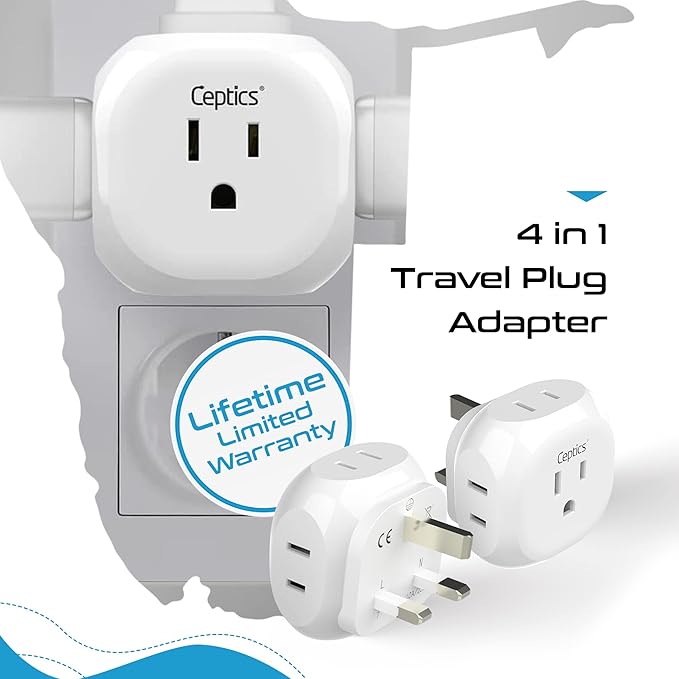 Ceptics US to UK Plug Adapter UK, Ireland Power Adapter Charger 4 Input - Image 6