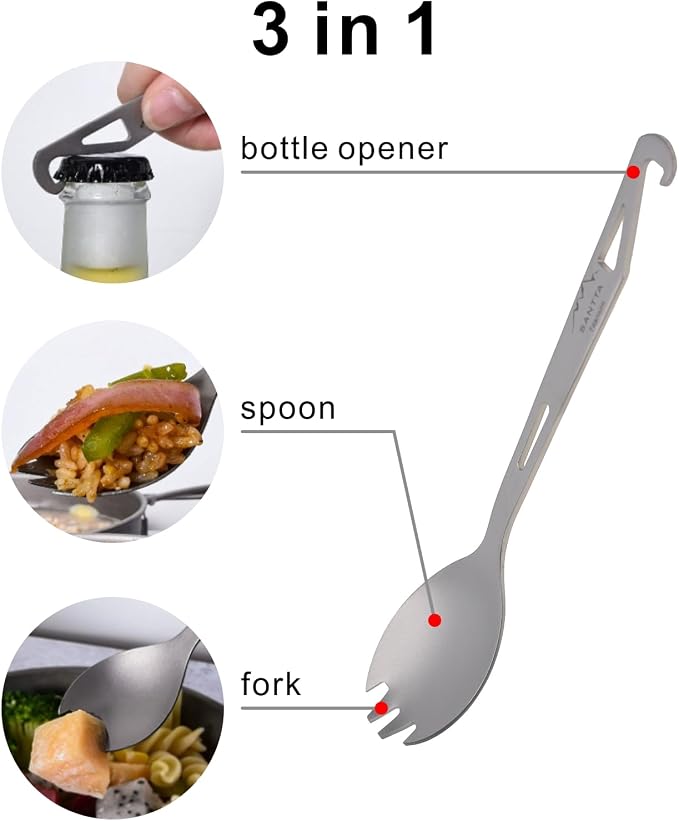 SANTTA Titanium Camping Spork Set of 2 Piece, Spoon Fork and Bottle Opener 3 in - Image 5