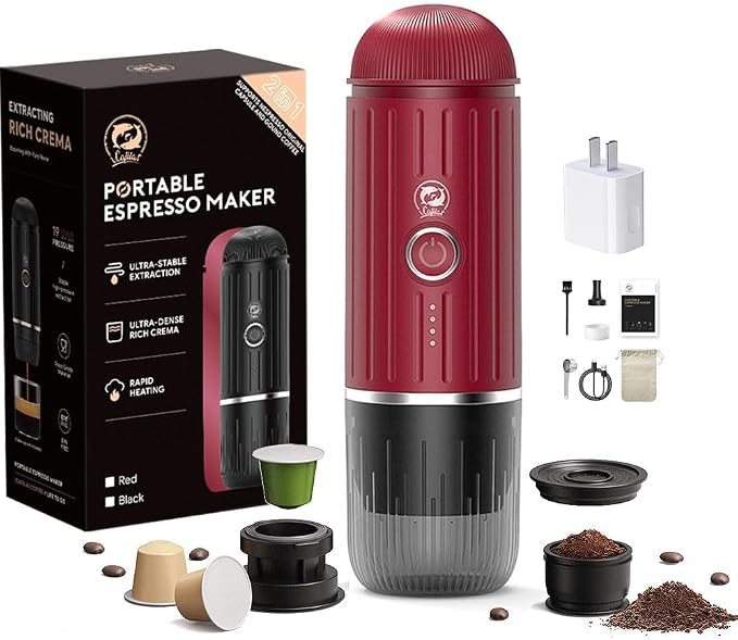 Portable Coffee Maker Travel Espresso Machine 120W Red Color, 19 Bar Pressure by RECAFIMIL