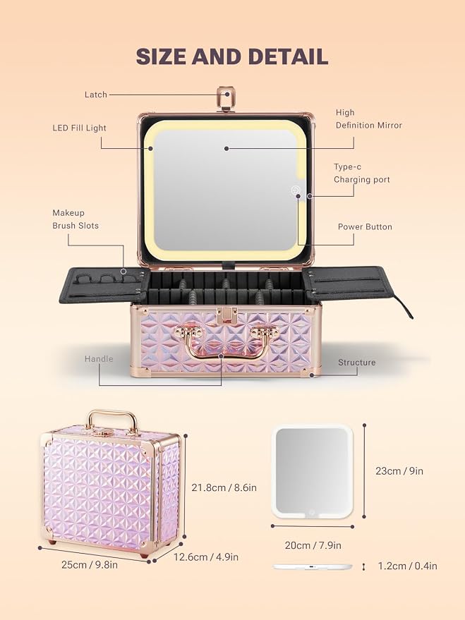 Qislee Makeup Box with A Detachable Lighted Mirror, Waterproof Travel Train Case - Image 3