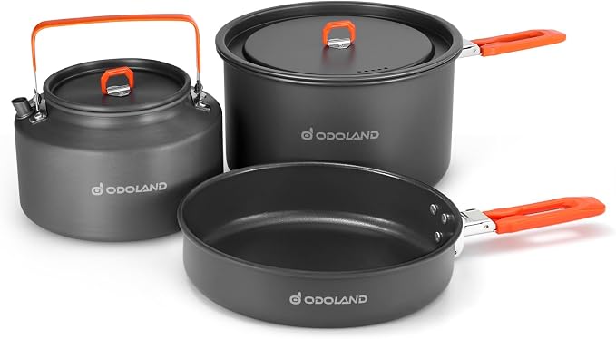 Odoland Camping Cookware Mess Kit, Camping Cooking Pot Fry Pan and 1.1L Kettle by Odoland