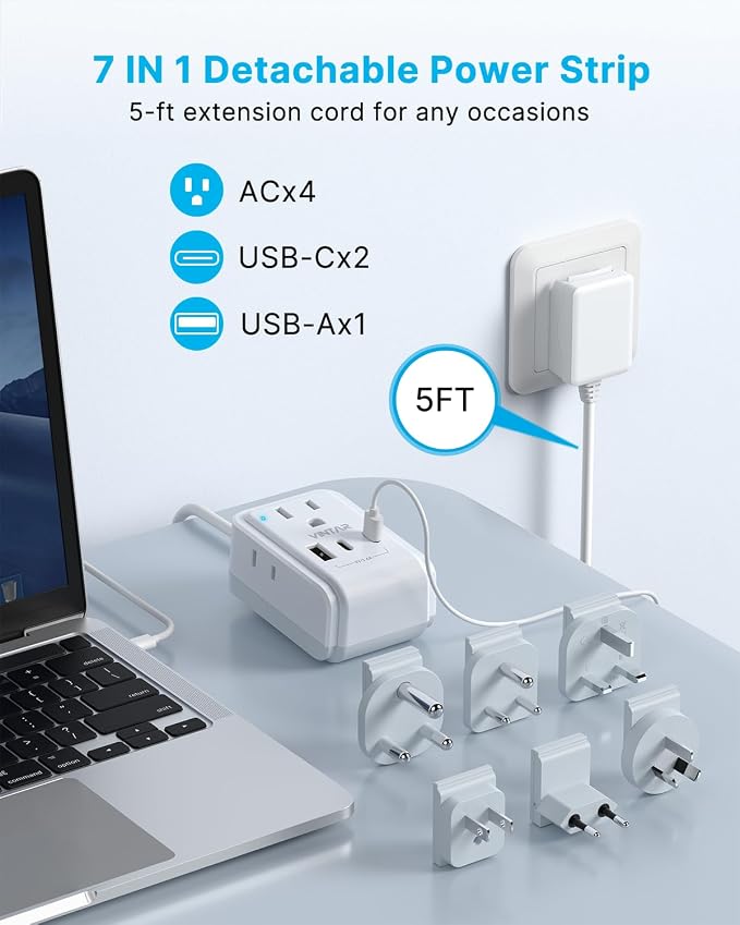 VINTAR Universal Travel Adapter Kit, 5ft Detachable Extension Cord - Image 4