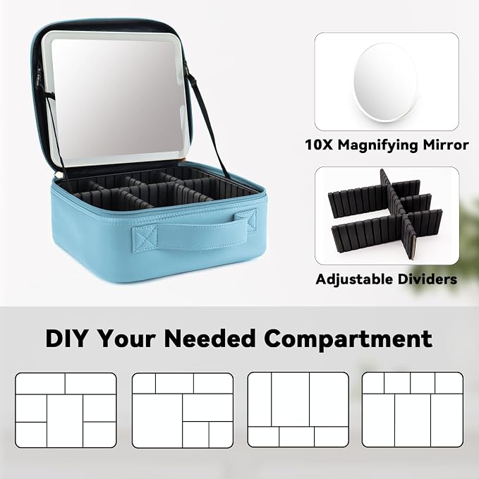 Travel Makeup Bag with LED Mirror and 10x magnifying glass with 3 Lighted - Image 4