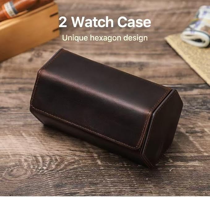 Genuine Leather Watch Roll Travel Case, Vintage Full Grain Leather Hexagon - Image 7