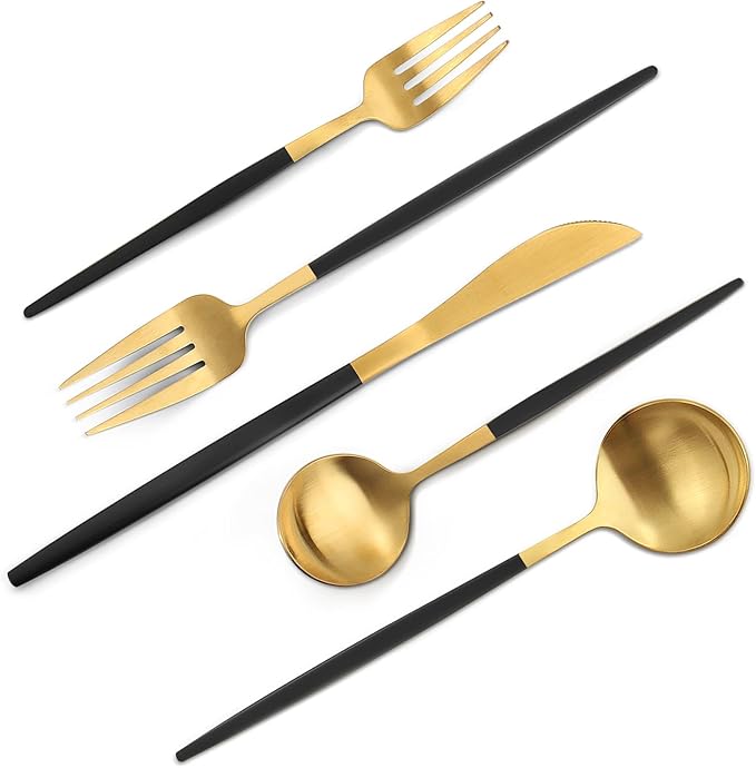Matte Black Gold Silverware Set, 20-Piece Stainless Steel Flatware Set by VANVRO