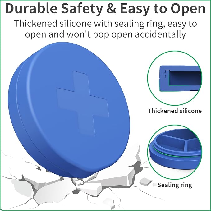 2 Pack Small Pill Box, 3 Compartment Round Silicone Travel Pill Box - Image 6