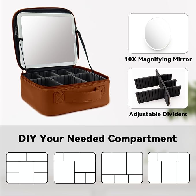 Travel Makeup Bag with LED Mirror and 10x magnifying glass with 3 Lighted - Image 4