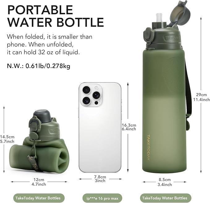 TakeToday Collapsible Water Bottles 32oz, Foldable Travel Water Bottle - Image 3
