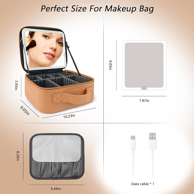 Travel Makeup Bag with LED Mirror Travel Makeup Organizer with 3 Lighted - Image 7