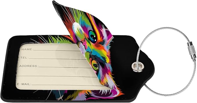 Cat Leather Luggage Tag with Stainless Steel Ring, Fun Name Id Card Cover - Image 2