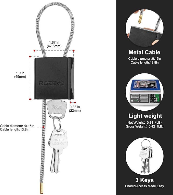 Adjustable Cable Padlock with 3 Keys | 1.15ft L x 1/6in D Aluminum Steel Cable - Image 2