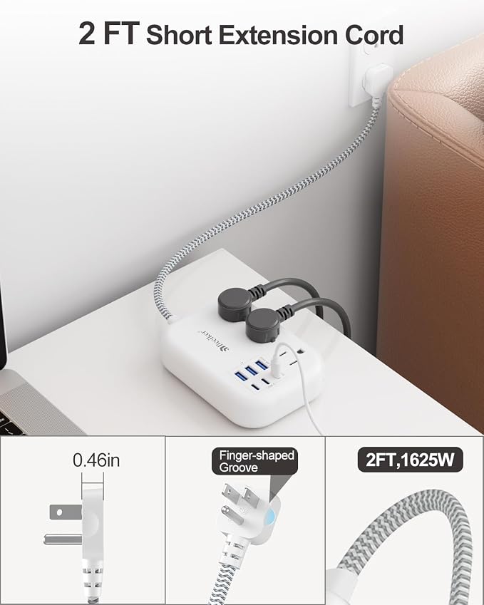 Short Extension Cord 2 Foot- 6 USB Travel Power Strip - Image 5