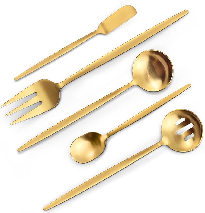 Matte Gold Serving Silverware Set, 5-Piece Round Shared Utensils Set of by VANVRO