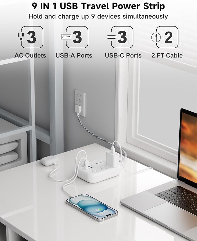 Short Extension Cord 2 Foot- 6 USB Travel Power Strip - Image 3