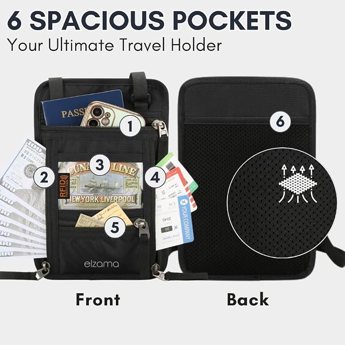 elzama Travel Neck Wallet, Neck Passport Holder, RFID Blocking Passport Wallet - Image 2