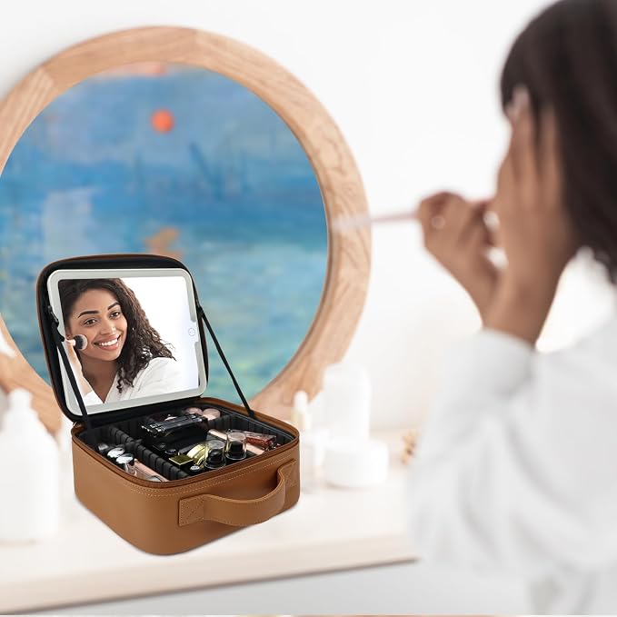 Travel Makeup Bag with LED Mirror Travel Makeup Organizer with 3 Lighted - Image 9
