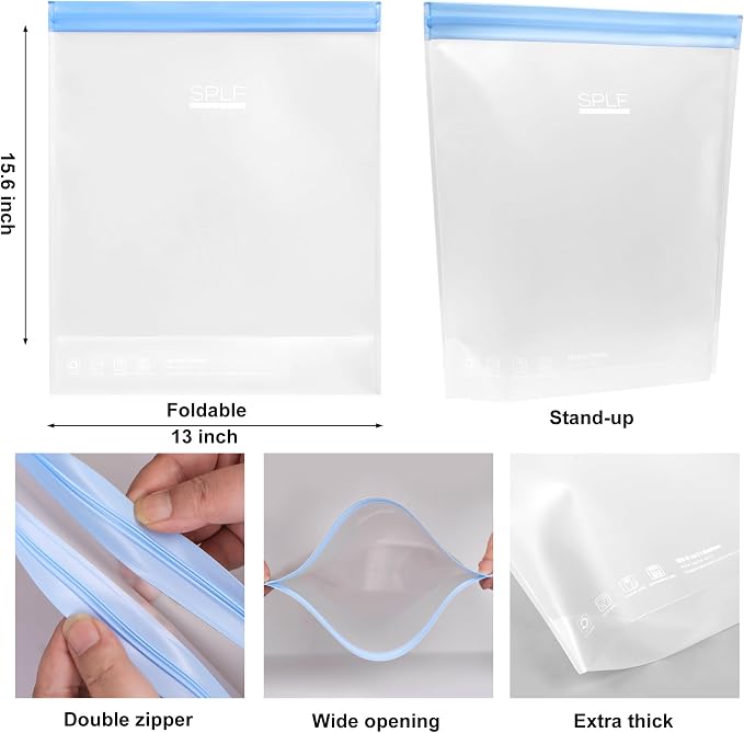 SPLF 6 Pack Stand-Up Reusable 2 Gallon Freezer Bags Dishwasher Safe, Reusable - Image 2
