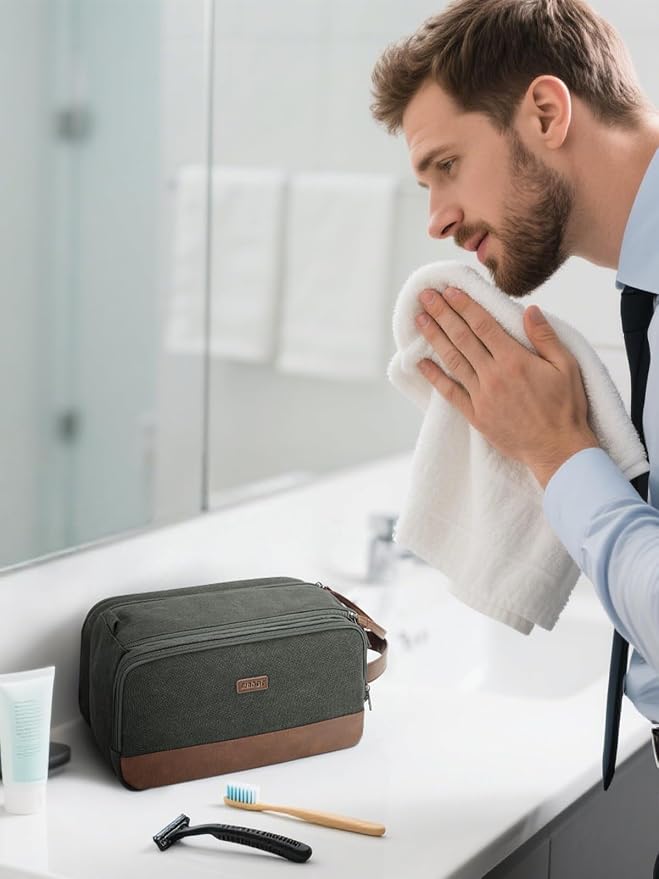 WANDF Toiletry Bag for Men Travel Toiletry Organizer Canvas and Leather Dopp - Image 5