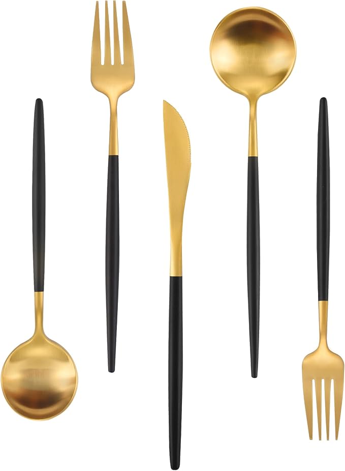 Matte Gold Silverware Set With Black Handle, IBIILII JEFF 20 Pieces Stainless by IBIILII+JEFF