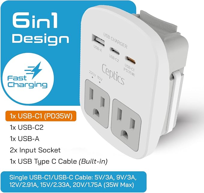 Ceptics Universal Travel Adapter Kit – 2 USA sockets, 1x PD 35W USB-C and USBC - Image 2
