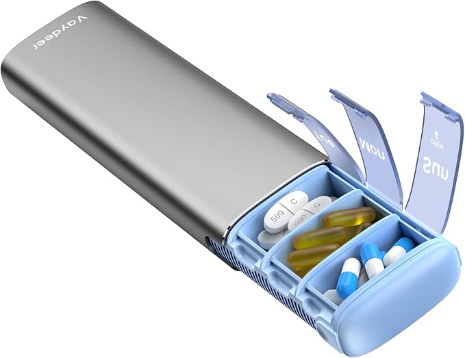 Vaydeer Metal Travel Pill Organizer, 7 Day Weekly Pill Box, Large Capacity by Vaydeer