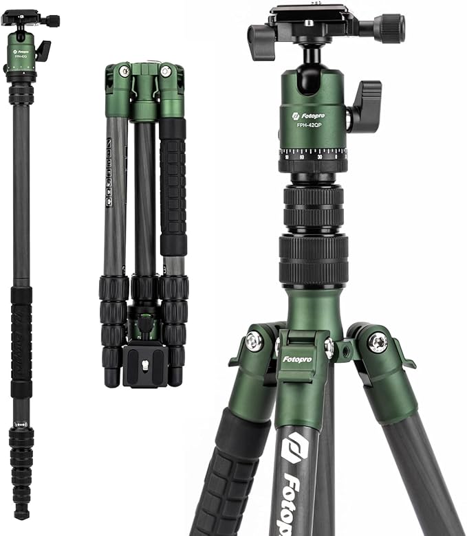 Fotopro 59" Carbon Fiber Travel Tripod, Compact Camera Tripod by Fotopro