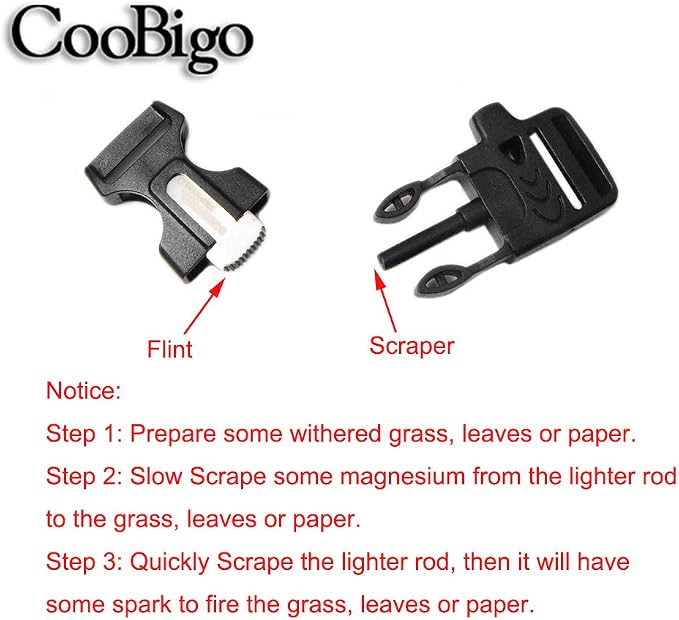 10Pack 3/4" Fire Starter Survival Whistle Buckle Flint Scraper - Image 4