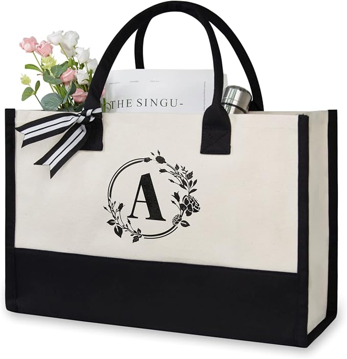 TOPDesign Personalized Initial Jute/Canvas Beach Bag, Monogrammed Gift Tote Bag by TOPDesign