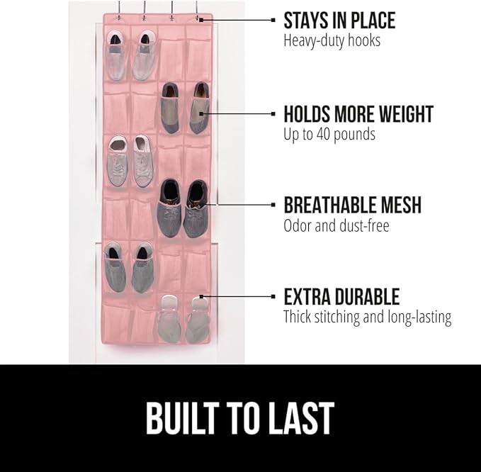 GORILLA GRIP Over the Door Shoe Organizer, 24 Large Breathable Mesh Pockets - Image 2