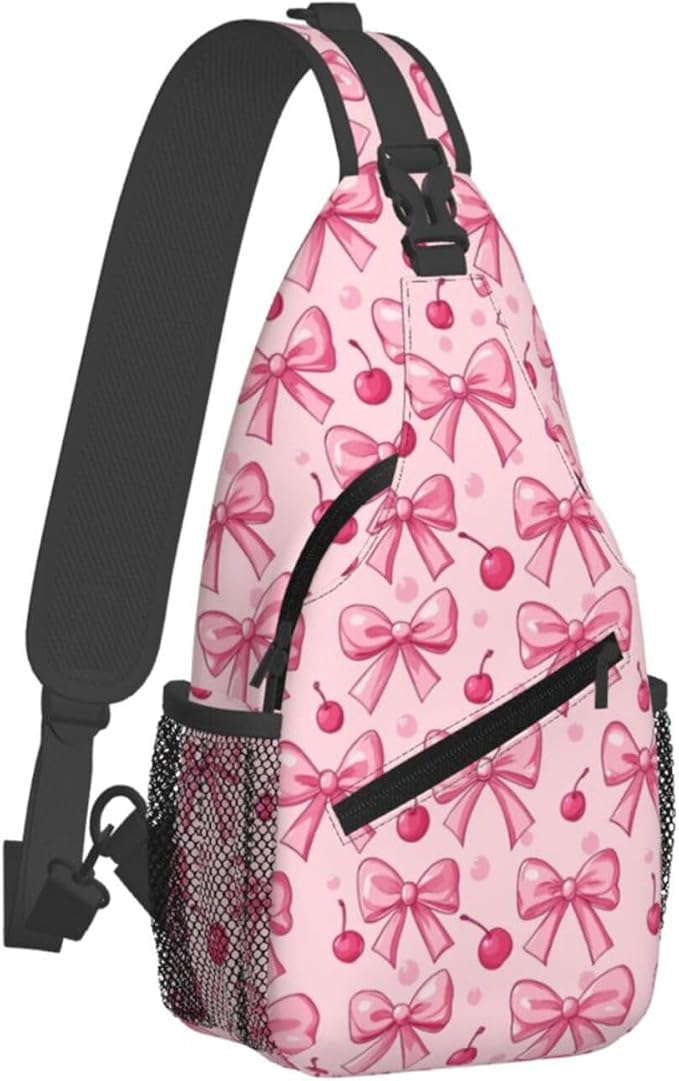 SUPLUCHOM Sling Bag Pink Bows Cherry Hiking Daypack Crossbody Shoulder Backpack - Image 2