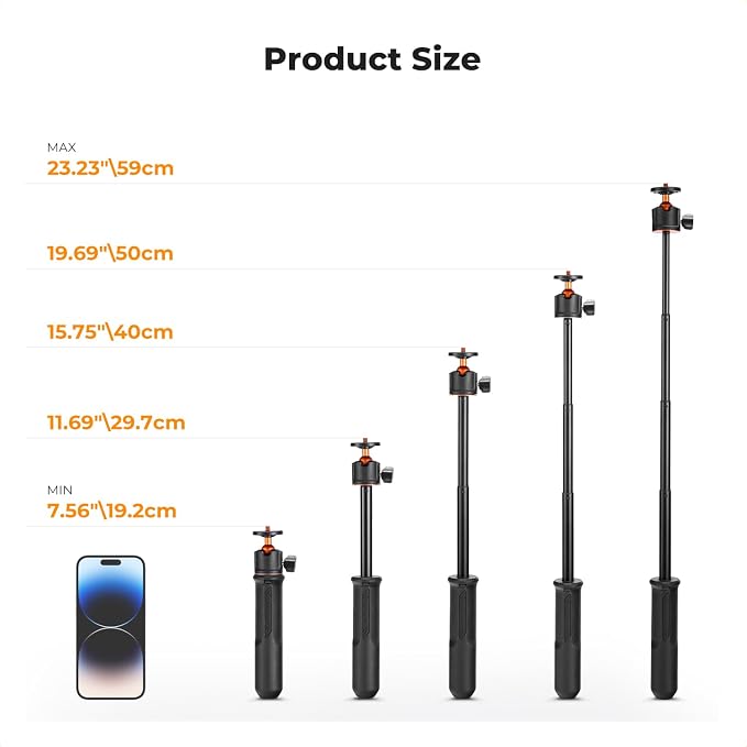 K&F Concept Selfie Stick Tripod, 60cm/23.6" Extendable Ball Head Vlog Selfie - Image 6